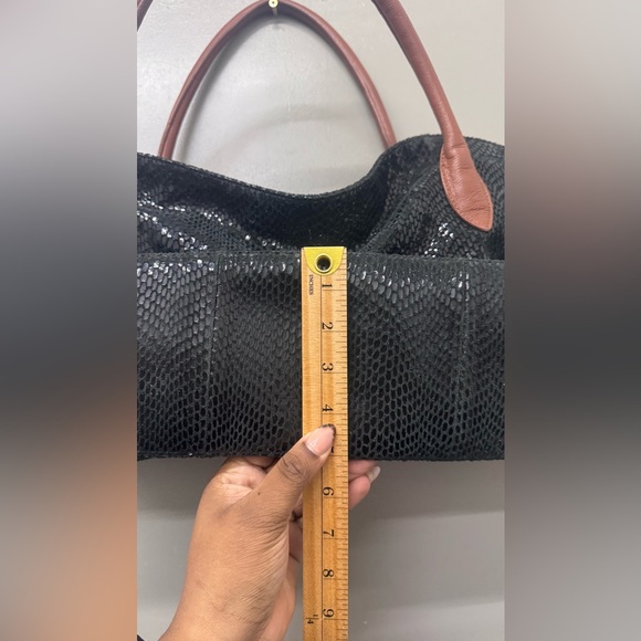 Sorial Metallic Black Leather Snakeskin Tote with Brown Leather Straps - Picture 7 of 8